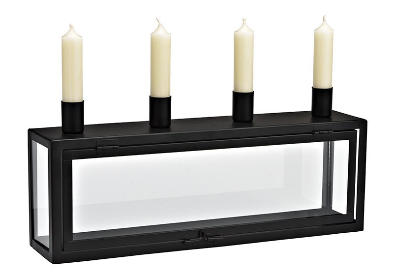 Adventsgesteck, Kerzenhalter auf Box aus Metall/Glas, Schwarz (B/H/T) 38x17x8cm