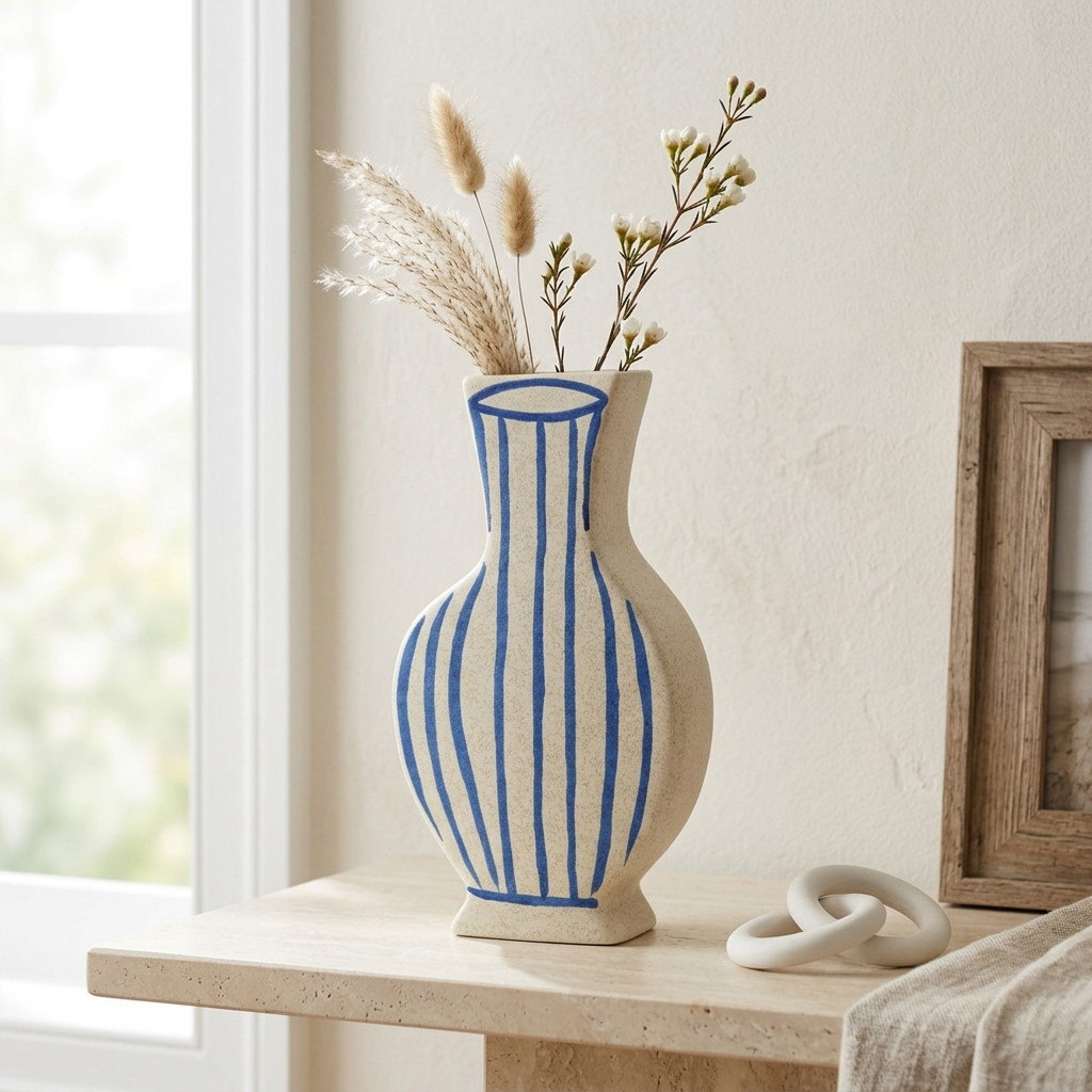 Stoneware vase blue (W/H/D) 6x30x17cm vase, keramik, blau, gestreift, glasiert