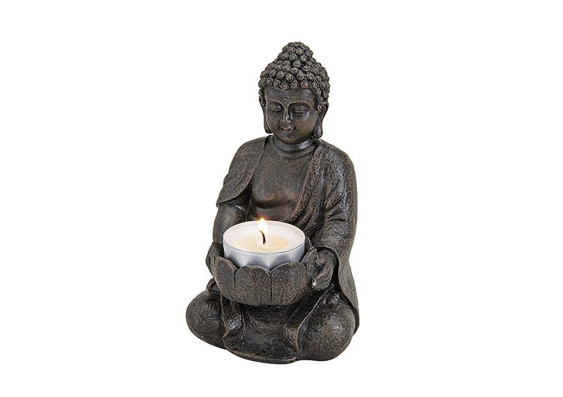 Buddha with tealight holder brown poly 9x8x14 cm