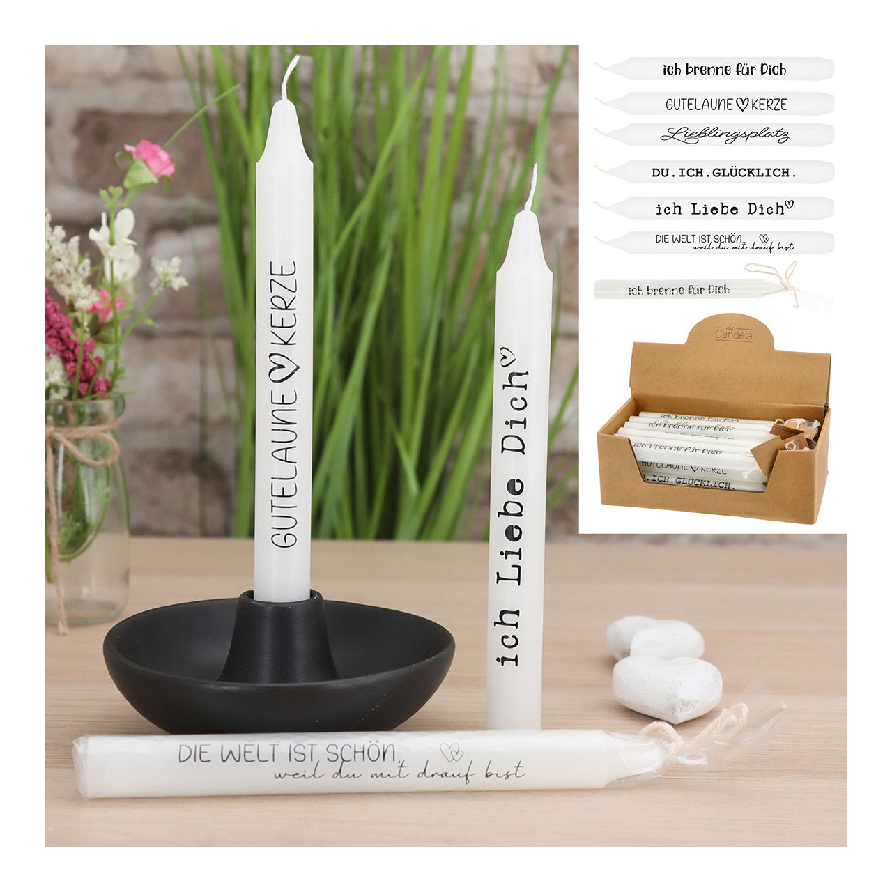 Stabkerze mit Spruch, Paraffin, aus Wachs weiß 6-fach, (B/H/T) 2x19x2cm Stabkerze mit Spruch, Paraffin, aus Wachs weiß 6-fach, (B/H/T) 2x19x2cm