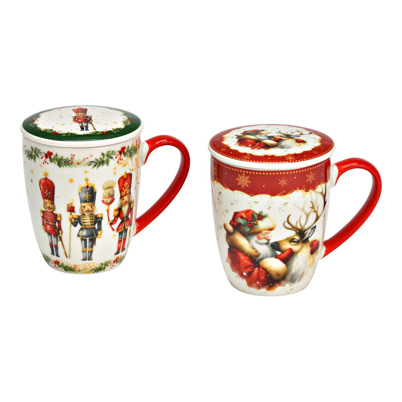 Tea mug nutcracker/deer decor with lid/metal strainer made of porcelain, 2-fold, red/green (W/H/D) 13x11x9cm 350ml