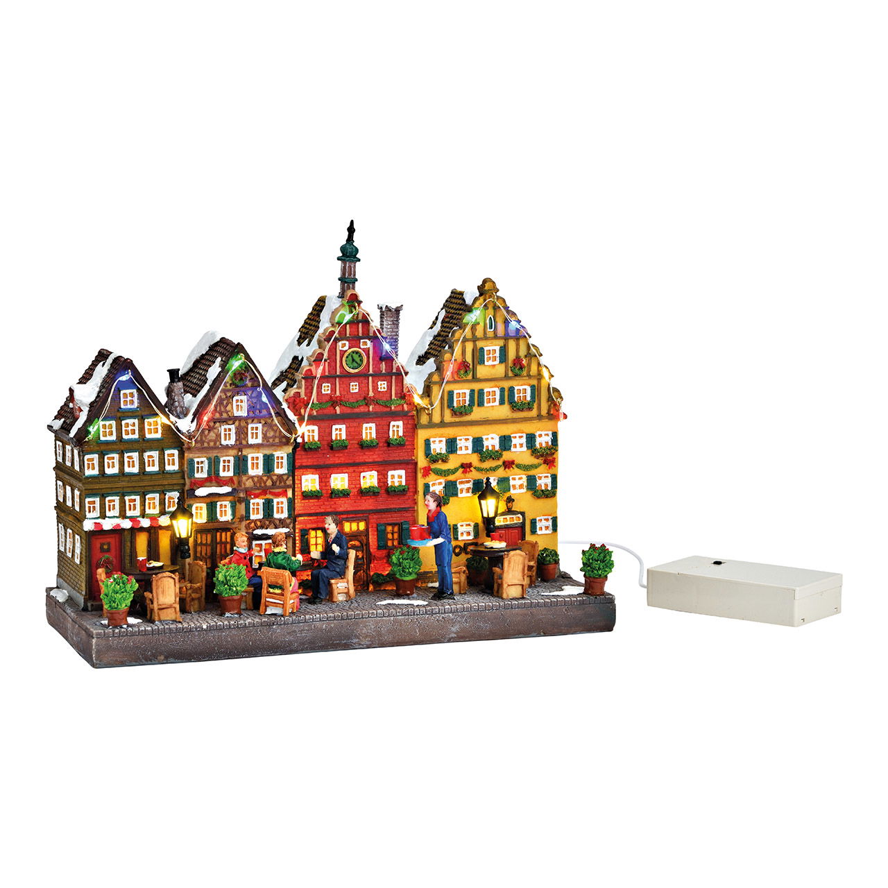 Winterszene Stadthäuser mit LED Licht, aus Poly bunt (B/H/T) 26x20x11cm Batteriebetrieb 3xAA nicht enthalten Nachbarschaft, Person, Pflanze, Essen, Süßigkeiten