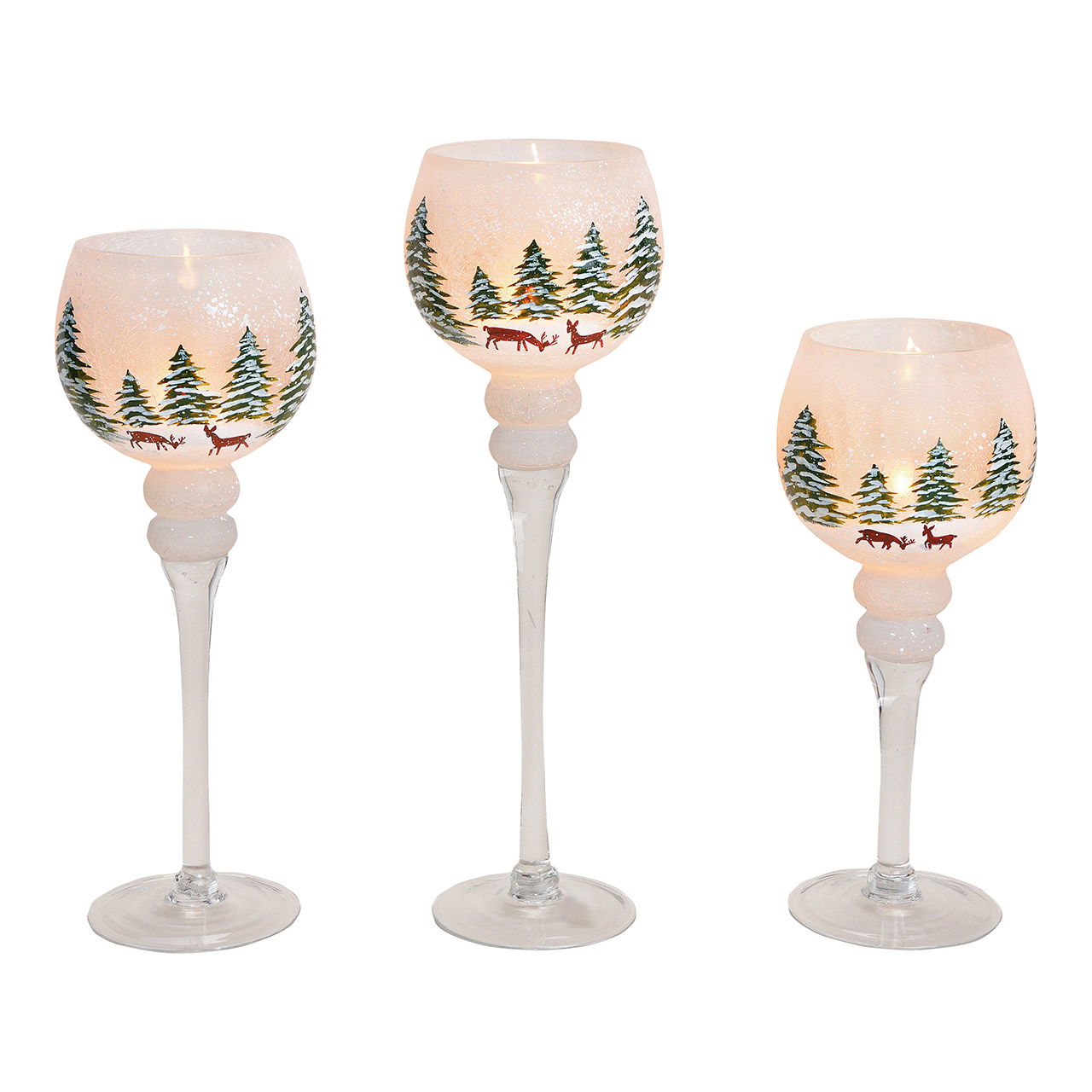 Windlicht Set Kelch, Winterwald Dekor 30, 35, 40cm x Ø13cm aus Glas Weiß, bunt 3er Set