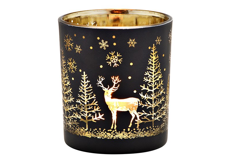 Lanterna decorazione foresta invernale di vetro nero, oro (w/h/d) 9x10x9cm