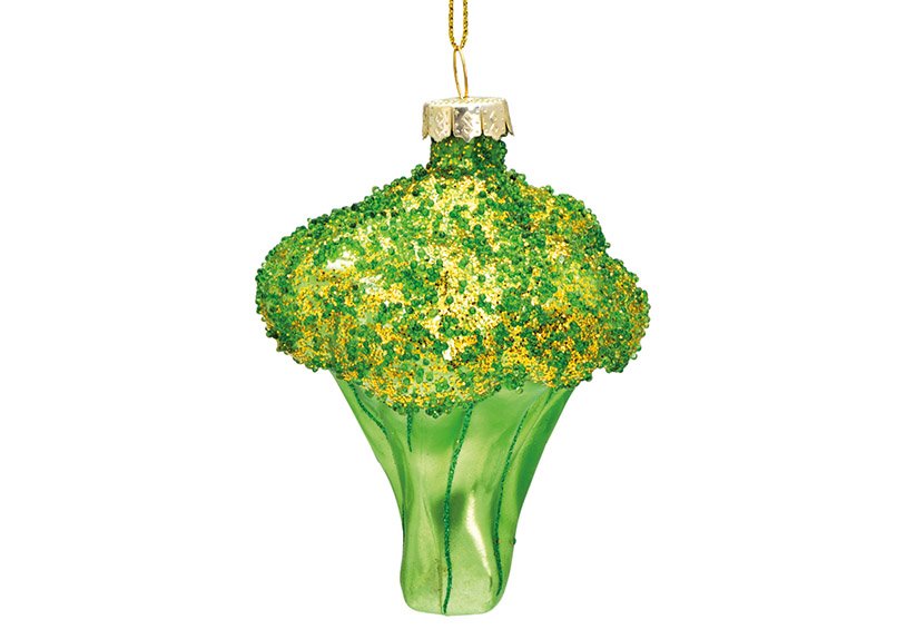 Gancio di Natale broccoli con glitter in vetro verde (c/h/d) 7x8x6cm