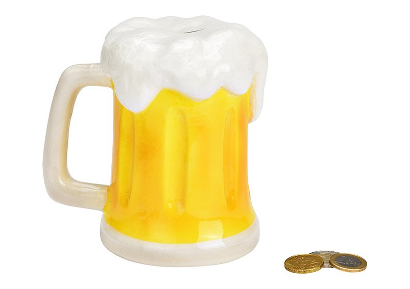 Keramische bierpul spaarpot geel (B/H/D) 14x14x11cm