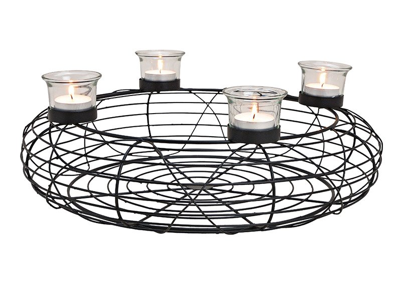 Couronne de l'Avent, porte-bougies pour 4 bougies chauffe-plat, en métal, verre noir (L/H/P) 40x14x40cm