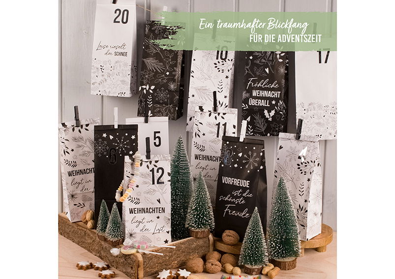 Advent calendar craft set, 24 printed paper bags 10x25x7cm, 24 wooden clips 4.5cm, 24 number stickers 72-piece set, made of paper/cardboard black, white (W/H/D) 24x34x1cm