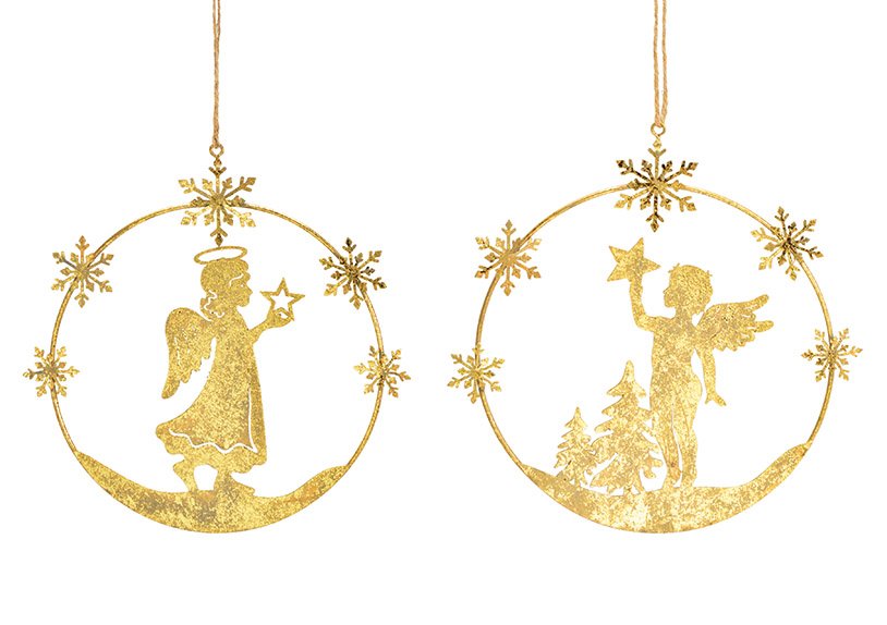 Colgante de Navidad, decoración de ángeles, metal dorado 2 pliegues, (ancho/alto) 17x17cm