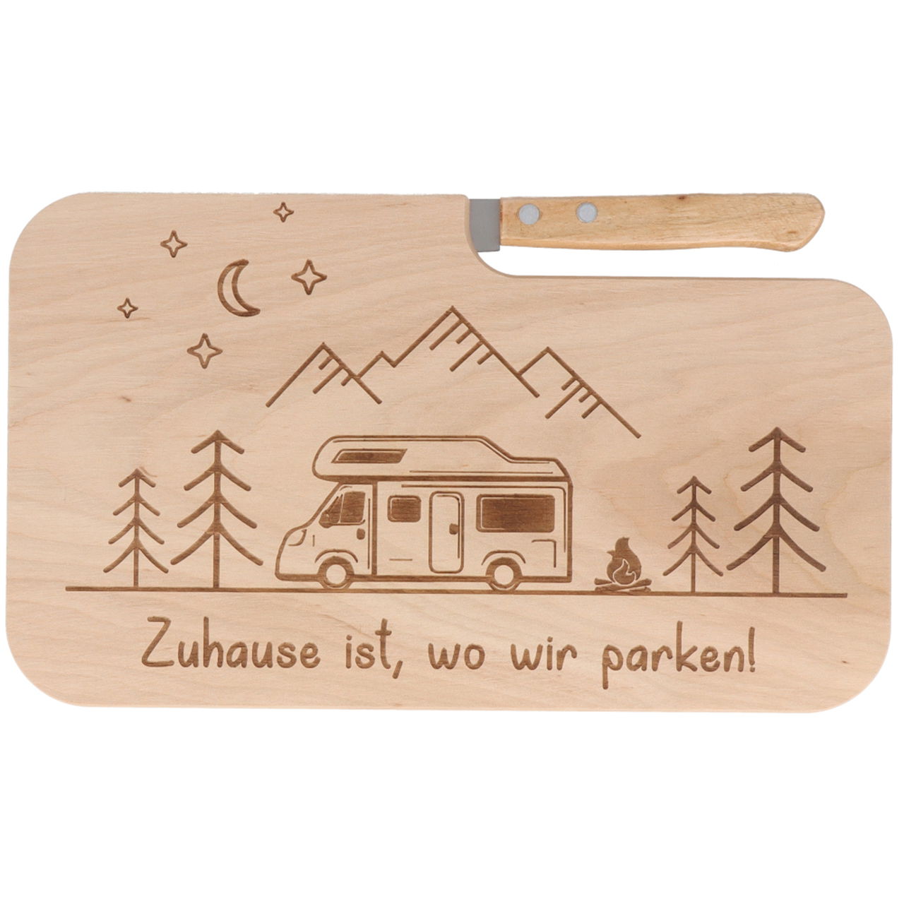 Messerbrett Camper-Motiv ``Zuhause ist, wo wir parken`` aus Holz, Natur (B/H/T) 26x1x15cm