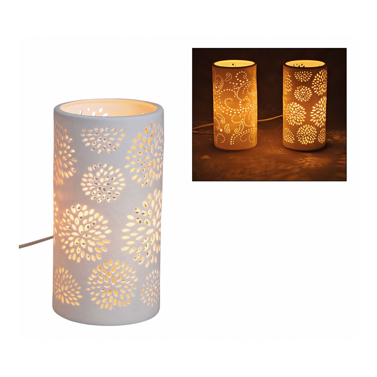 Table lamp cylinder white made of porcelain, flower decor, 10x20x10cm without bulb Table lamp cylinder white made of porcelain, flower decor, 10x20x10cm without bulb