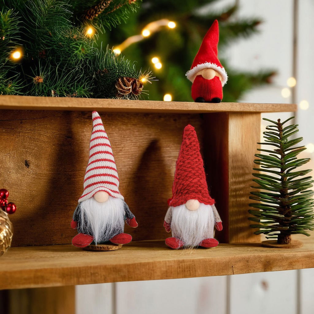 Gnomo navideño decorativo de tela, rojo y blanco, 2 pliegues, (A/A/A) 7x18x6 cm Bekleidung, Hut, Spielzeug