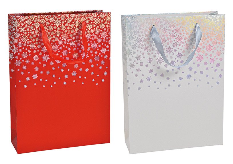 Geschenktüte Schneeflocken Dekor aus Papier/Pappe Rot, weiß 2-fach, (B/H/T) 25x34x8cm
