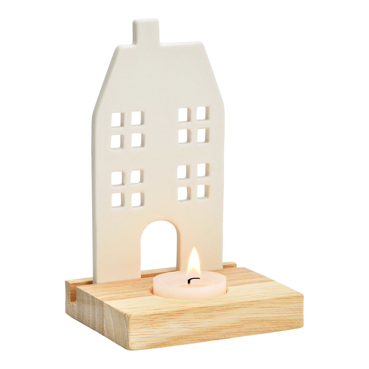 Porselein/houten waxinelichthouder huis, wit (B/H/D) 10x15x8cm Porselein/houten waxinelichthouder huis, wit (B/H/D) 10x15x8cm