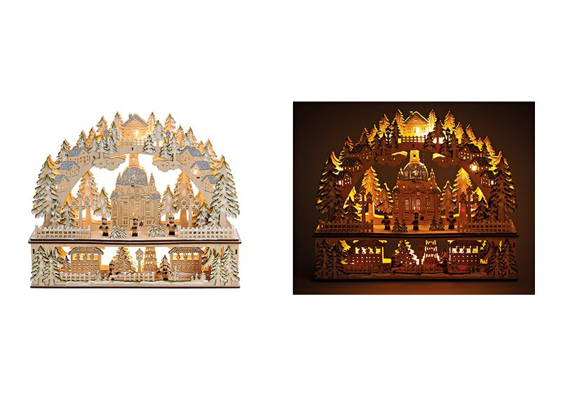 Lights bow, church with led lights, wood, beige color, with glitter, 45x37x10cm
