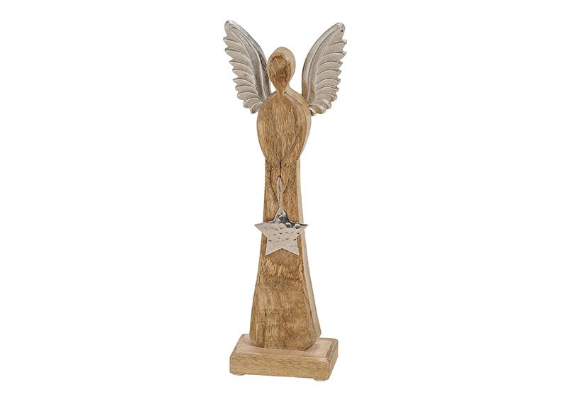 Mango houten engel met metalen vleugels ster hanger bruin, zilver (w/h/d) 12x34x6cm