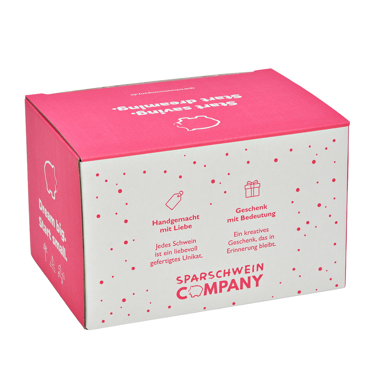 Geschenkbox Sparschwein aus Papier/Pappe Pink/Rosa (B/H/T) 18x13x12cm Geschenkbox, Wellpappe, Pink und Weiß, Punktmuster, Schwein-Motiv