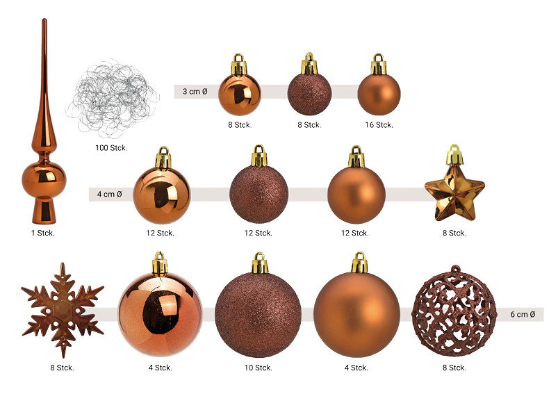 Weihnachtskugeln aus Kunststoff, 111er-Set, Braun Ø3/4/6cm (B/H/T) 36x23x12cm