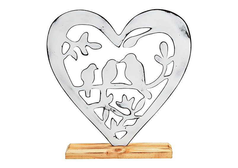 Présentoir coeur, décor oiseau, sur socle en bois, en métal blanc (L/H/P) 23x23x5cm