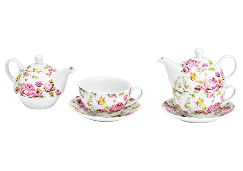 Teekanne mit Tasse, Rosendekor aus Porzellan pink/rosa (B/H/T) 17x15x15cm 400/200ml