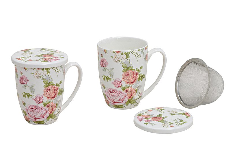 Tazza da tè con coperchio e colino, decorazione a rose, di porcellana, 11 cm