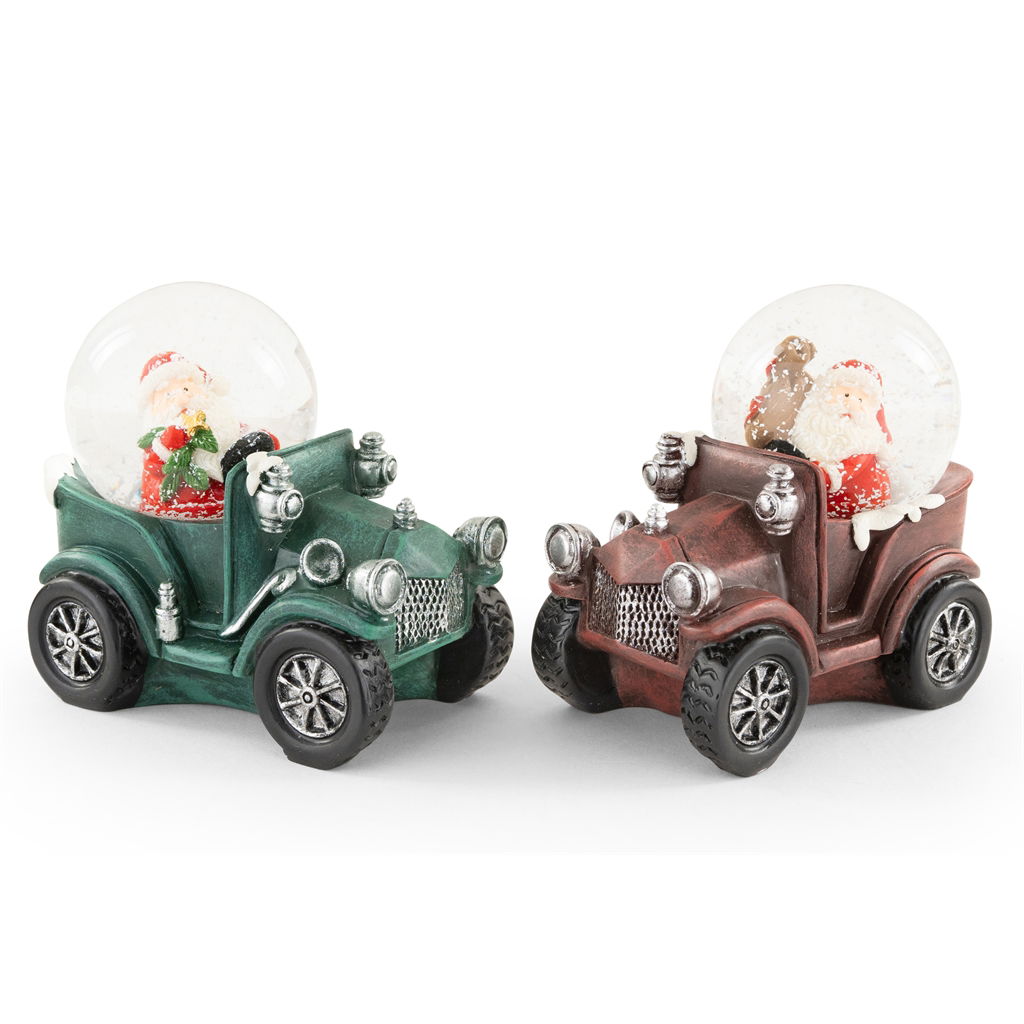Sneeuwbol Kerstman in auto, 2 assorti, polyresin, 8x5.5x8cm, 1 stuk, kleurrijk Maschine, Rad