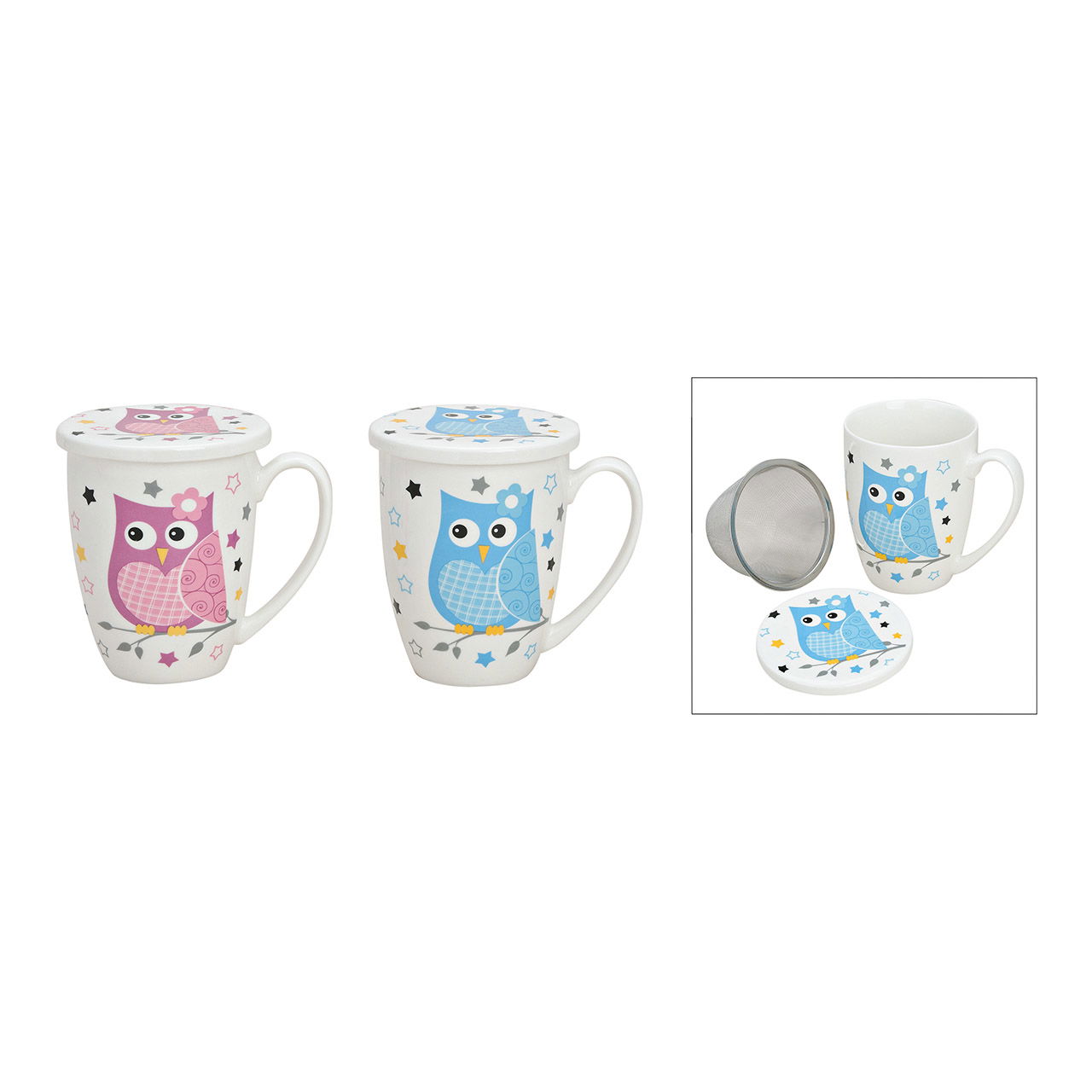 Teebecher Eule mit Deckel und Metallsieb, aus Porzellan, 10 cm Pokal, Kunst, Porzellan, Töpferei