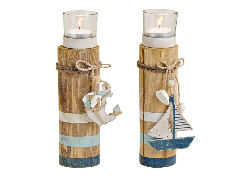 Porta tealight marittimo bianco, blu di legno, metallo, vetro marrone 2 volte, (L/H/D) 6x20x6cm