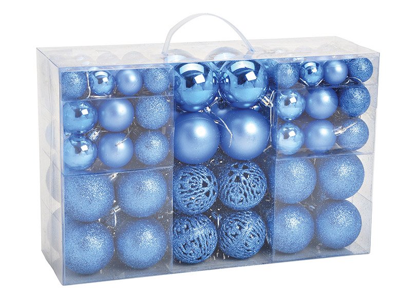 Plastic Christmas ball set tile blue, set of 100, (W/H/D) 23x35x12cm Ø3/4/6cm