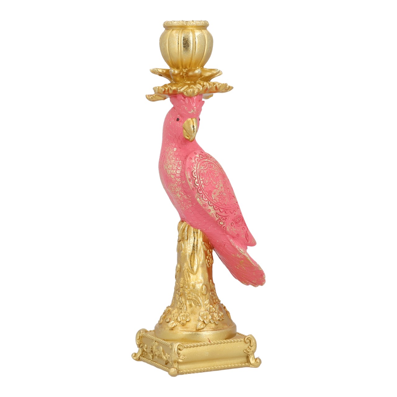 papageien statue, pinkfarbener papagei, goldener pedestal, ornate lampe, dekorative figurine