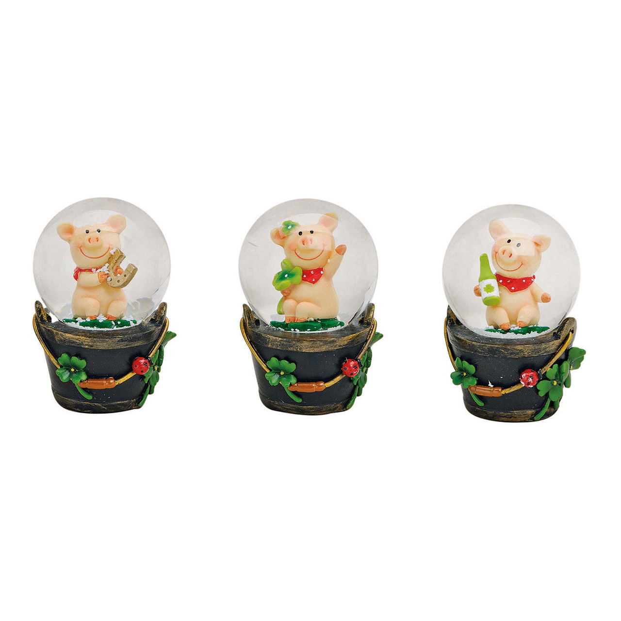 Schneekugel Schwein auf Eimer aus Poly, 3-fach sortiert (B/H/T) 5x7x5 cm Schneekugel Schwein auf Eimer aus Poly, 3-fach sortiert (B/H/T) 5x7x5 cm