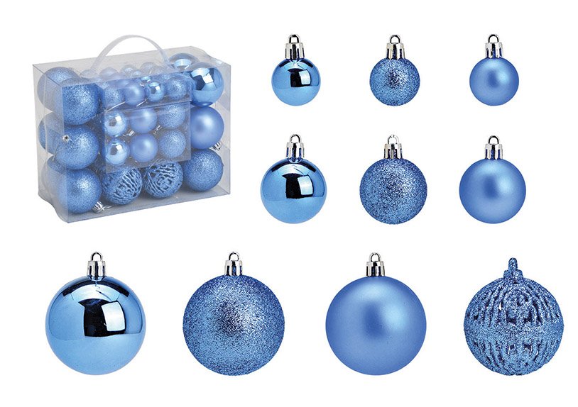Plastic Christmas ball set tile blue, set of 50, (W/H/D) 23x18x12cm Ø3/4/6cm