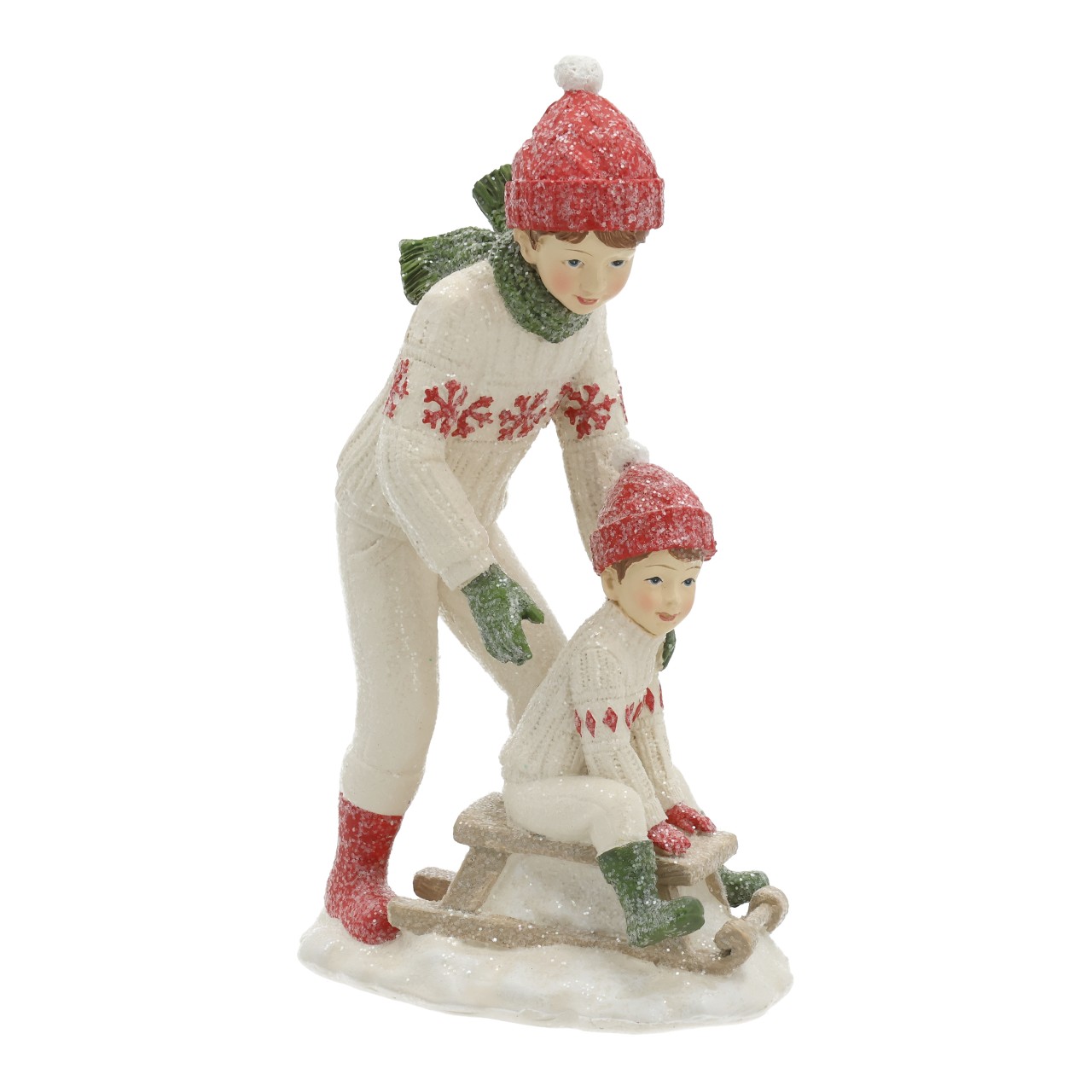 Kinder auf Schlitten aus Poly Rot/Weiß (B/H/T) 11x19x7cm Weihnachtsfigur, Schlitten, Schnee, Knaben, Strickpullover