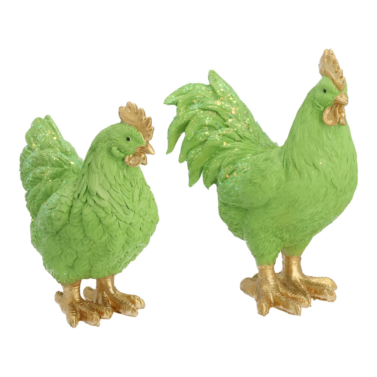 Gallo/Gallina scintillanti in polietilene verde, assortimento doppio (L/A/P) 8x17x15 cm grüner Hahn, Hühnerfigur, Figurenset, Glitzer, Goldschwanz