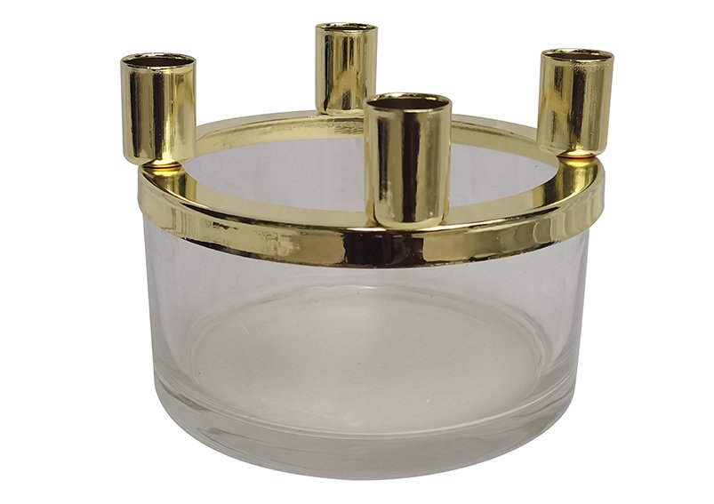 Kerzenhalter, Adventskranz aus Glas, Metall gold (B/H/T) 15x11x15cm