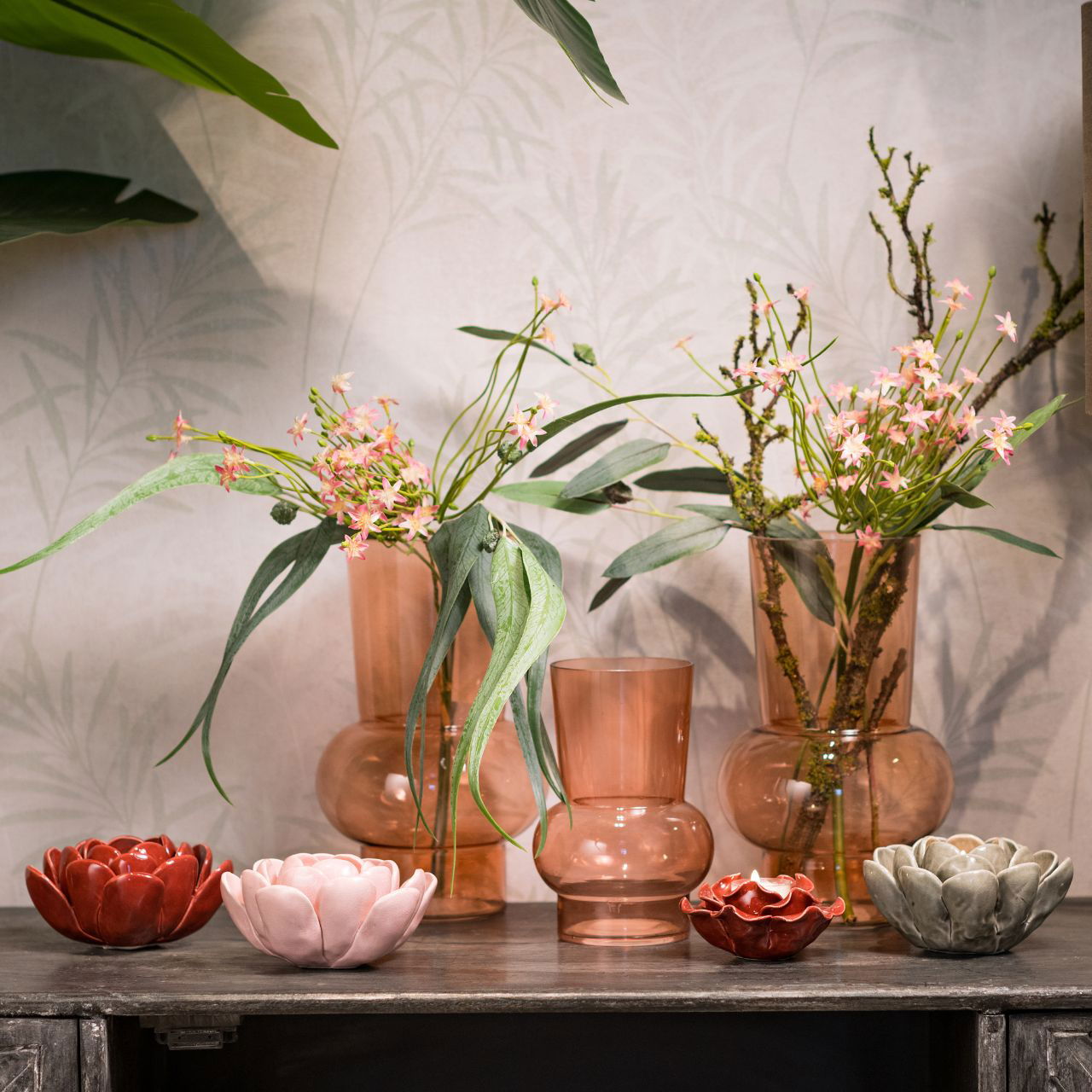 Teelichthalter Blume aus Keramik Bunt 3-fach, (B/H/T) 13x6x13cm