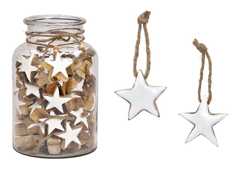 Suspension étoile en bois de manguier blanc 5x5x3cm, 60 pcs. en verre 16x26x16cm